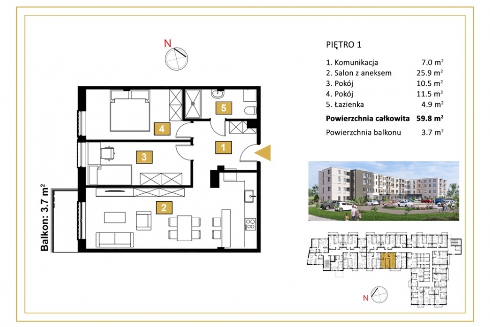 3 pokojowe mieszkanie z balkonem 3,7m2 - zdjęcie 1