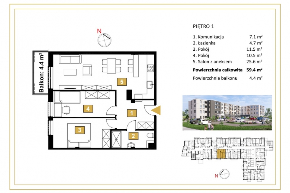3 pokojowe mieszkanie z balkonem 4,4m2