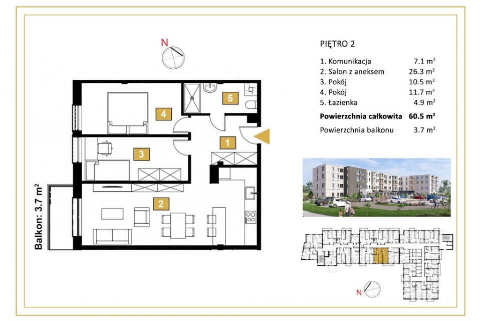 3 pokojowe mieszkanie z balkonem 3,7m2 - zdjęcie 1