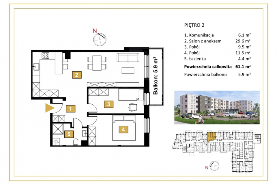 3 pokojowe mieszkanie z balkonem 5,9m2- Rezerwacja