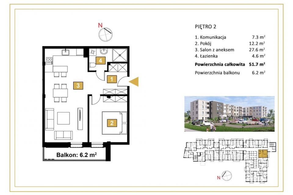2 pokojowe mieszkanie z balkonem 6,2m2