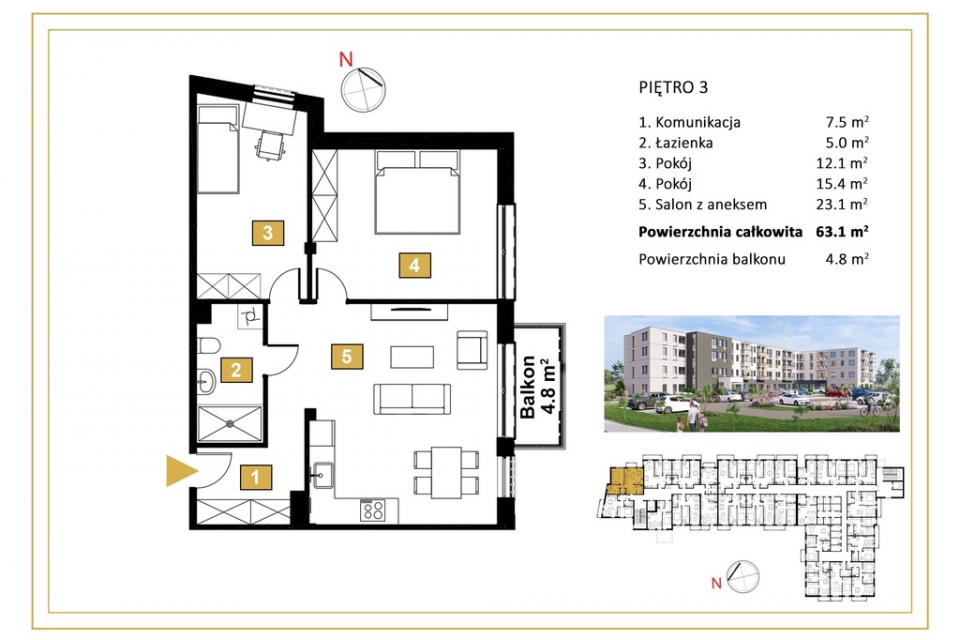 3 pokojowe mieszkanie z balkonem 4,8m2