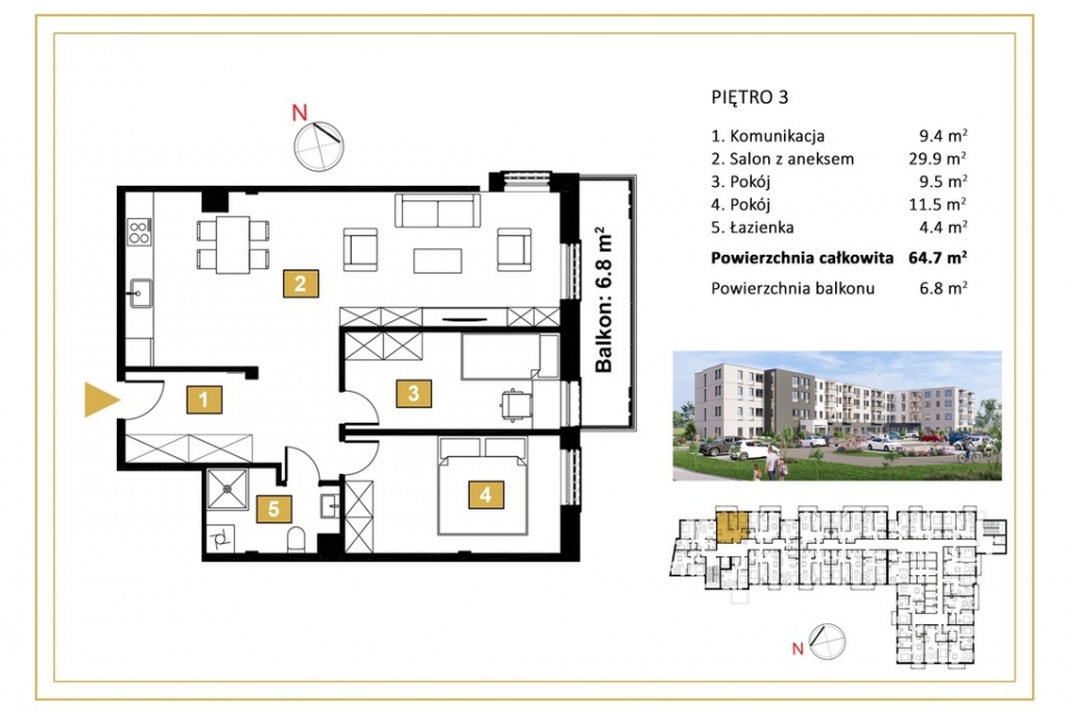 3 pokojowe mieszkanie z balkonem 6,8m2