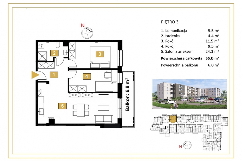 3 pokojowe mieszkanie z balkonem 6,8m2