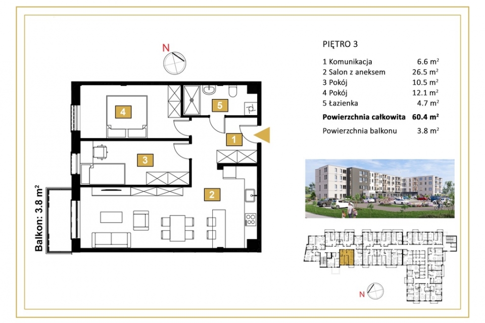 3 pokojowe mieszkanie z balkonem 3,8m2