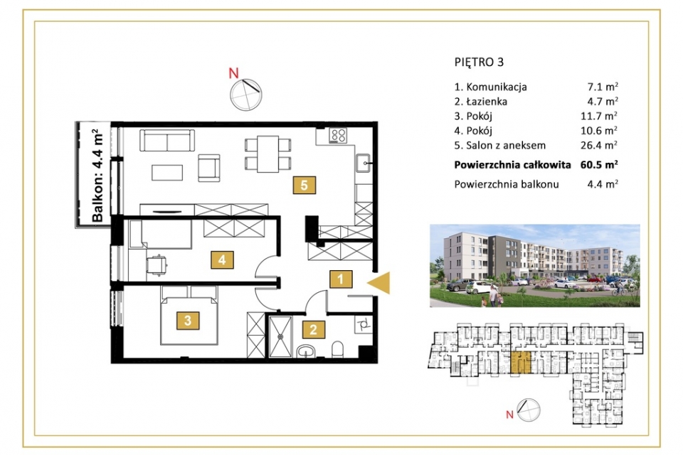 3 pokojowe mieszkanie z balkonem 4,4m2