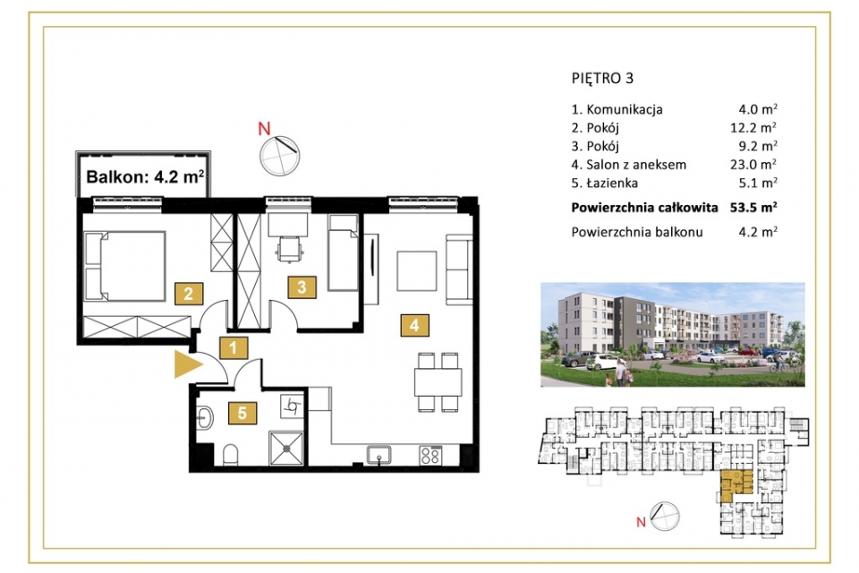 3 pokojowe mieszkanie z balkonem 4,2m2