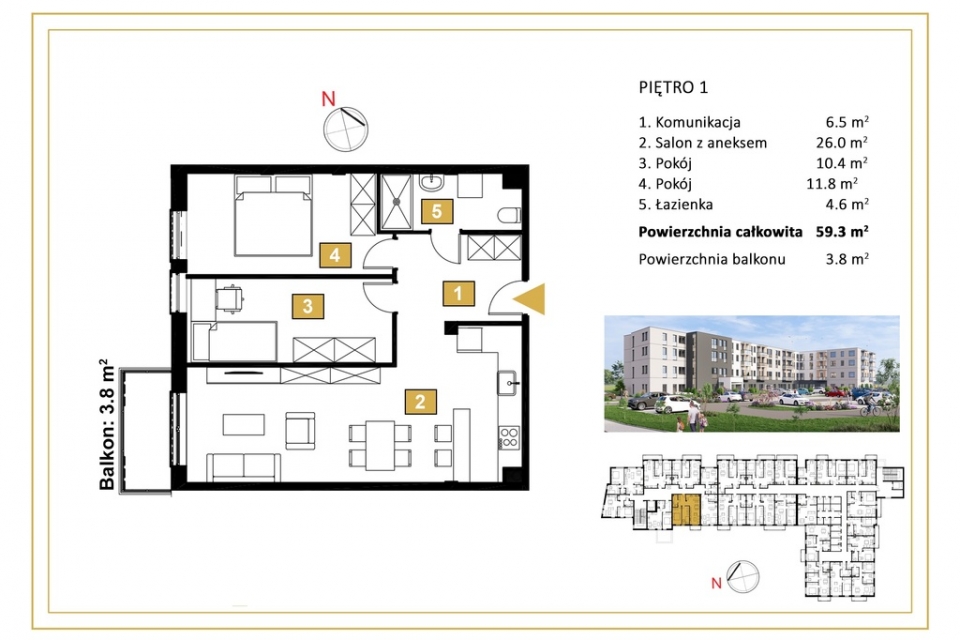 3 pokojowe mieszkanie z balkonem 3,8m2 - zdjęcie 1